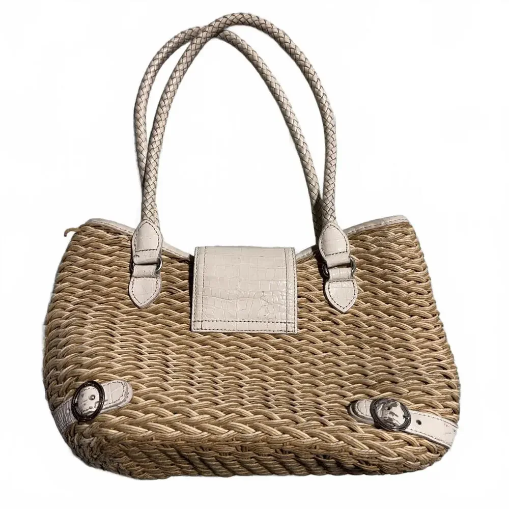 Brighton Vintage Style Woven‎ Straw Handbag with White Leather Accents